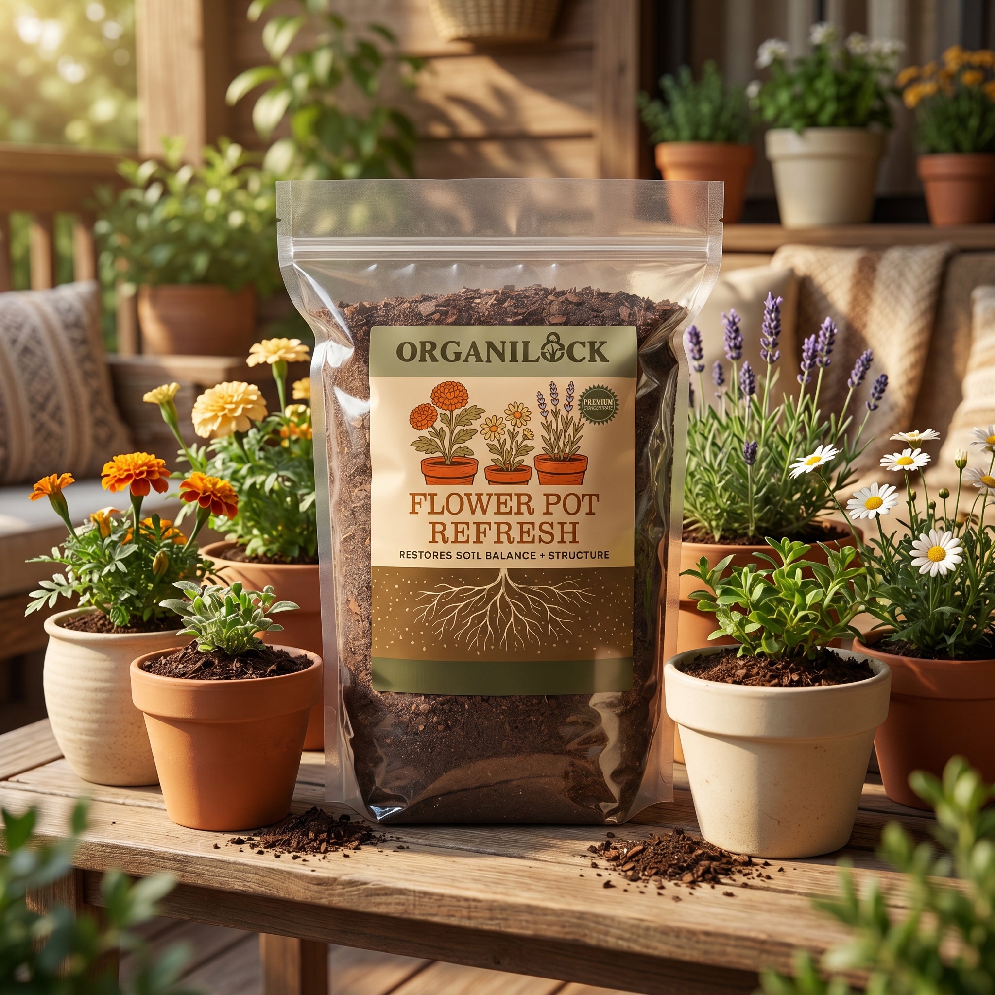 OrganiLock Flower Pot Refresh among potted flowers and herbs on a sunny porch