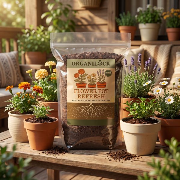 OrganiLock Flower Pot Refresh among potted flowers and herbs on a sunny porch