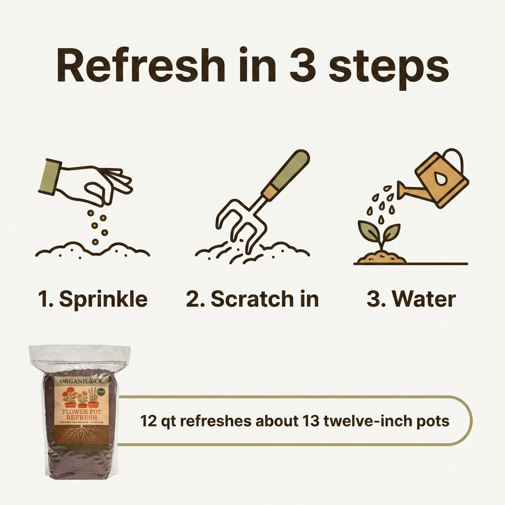 How to use Flower Pot Refresh: sprinkle, scratch in, then water; 12 qt refreshes about 13 twelve-inch pots
