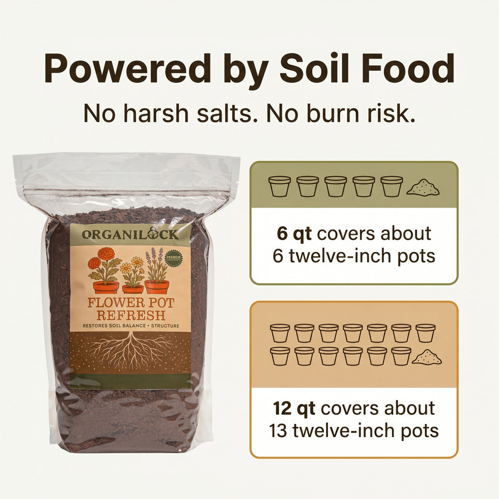 Flower Pot Refresh is powered by Soil Food with no harsh salts and no burn risk, with coverage by pot size