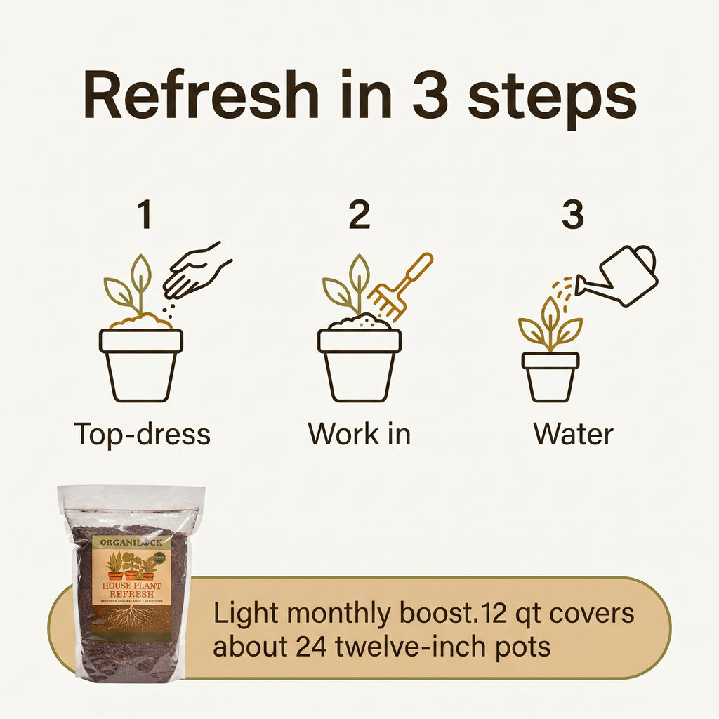 How to use House Plant Refresh: top-dress, work in, then water; a light monthly boost, 12 qt covers about 24 twelve-inch pots