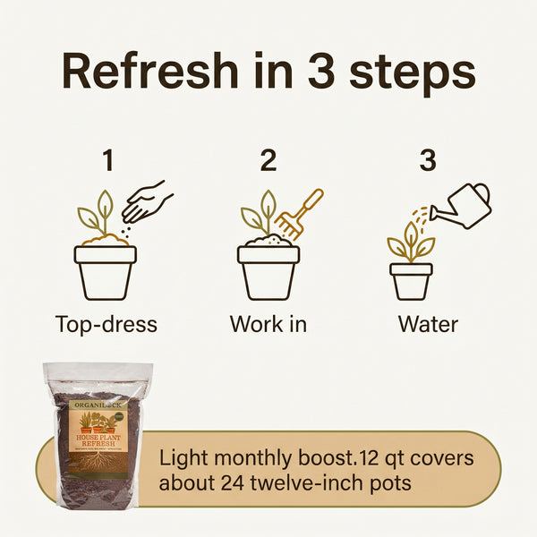 How to use House Plant Refresh: top-dress, work in, then water; a light monthly boost, 12 qt covers about 24 twelve-inch pots