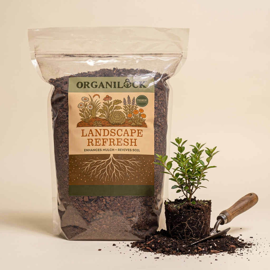 OrganiLock Landscape Refresh bag beside a young shrub and a garden trowel