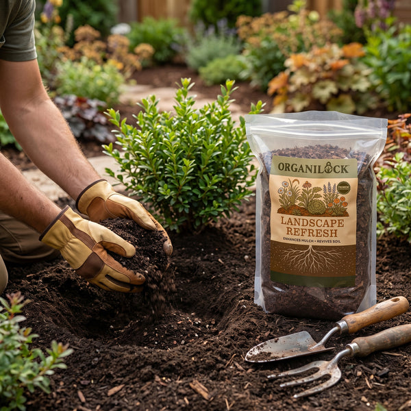 Landscaper mixing Landscape Refresh into a planting hole for a new shrub