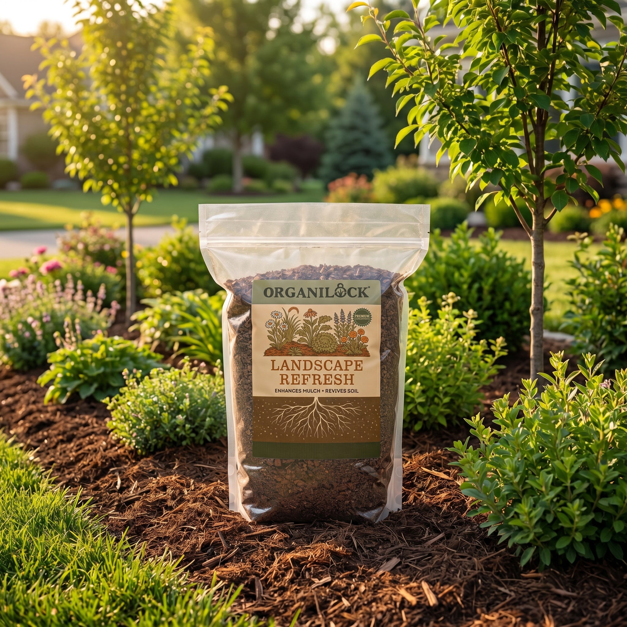 OrganiLock Landscape Refresh in an established residential landscape with young trees and shrubs