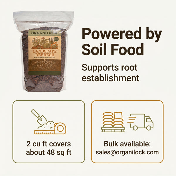 Landscape Refresh is powered by Soil Food and supports root establishment; 2 cu ft covers about 48 sq ft, bulk available