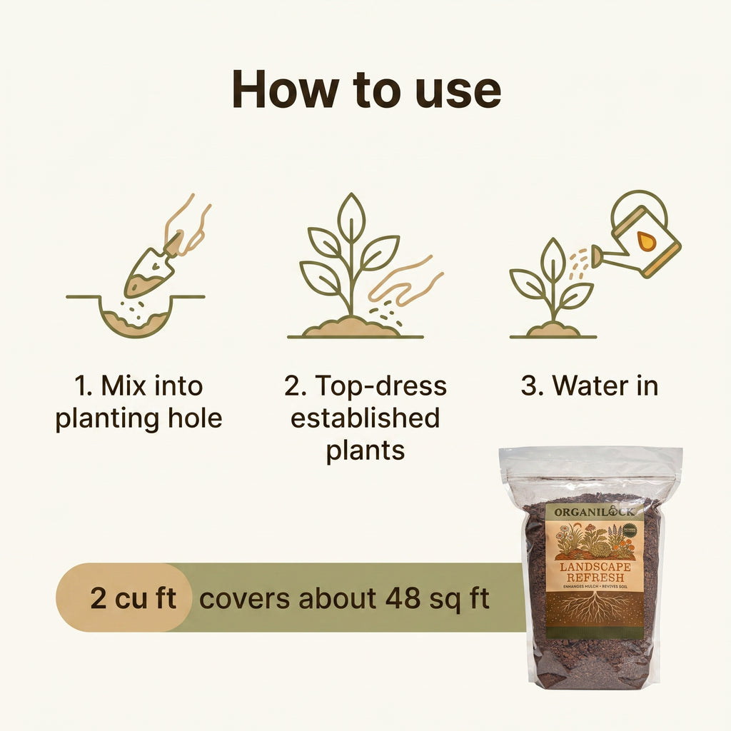 How to use Landscape Refresh: mix into the planting hole, top-dress established plants, then water in; 2 cu ft covers about 48 sq ft