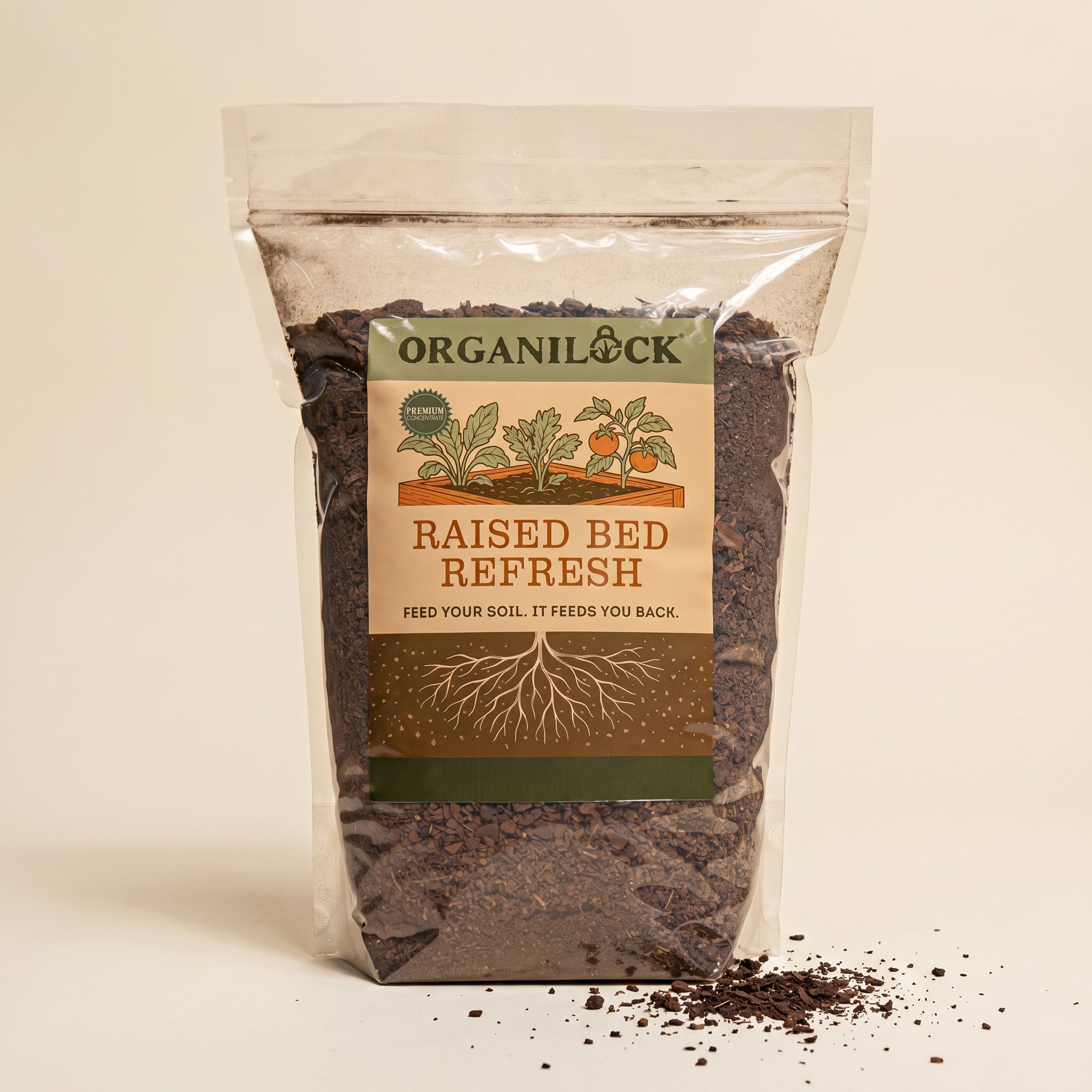 OrganiLock Raised Bed Refresh bag of organic soil amendment on a cream background