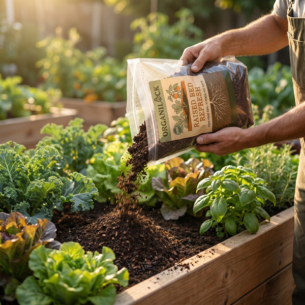 Gardener pouring Raised Bed Refresh soil amendment into a raised vegetable bed