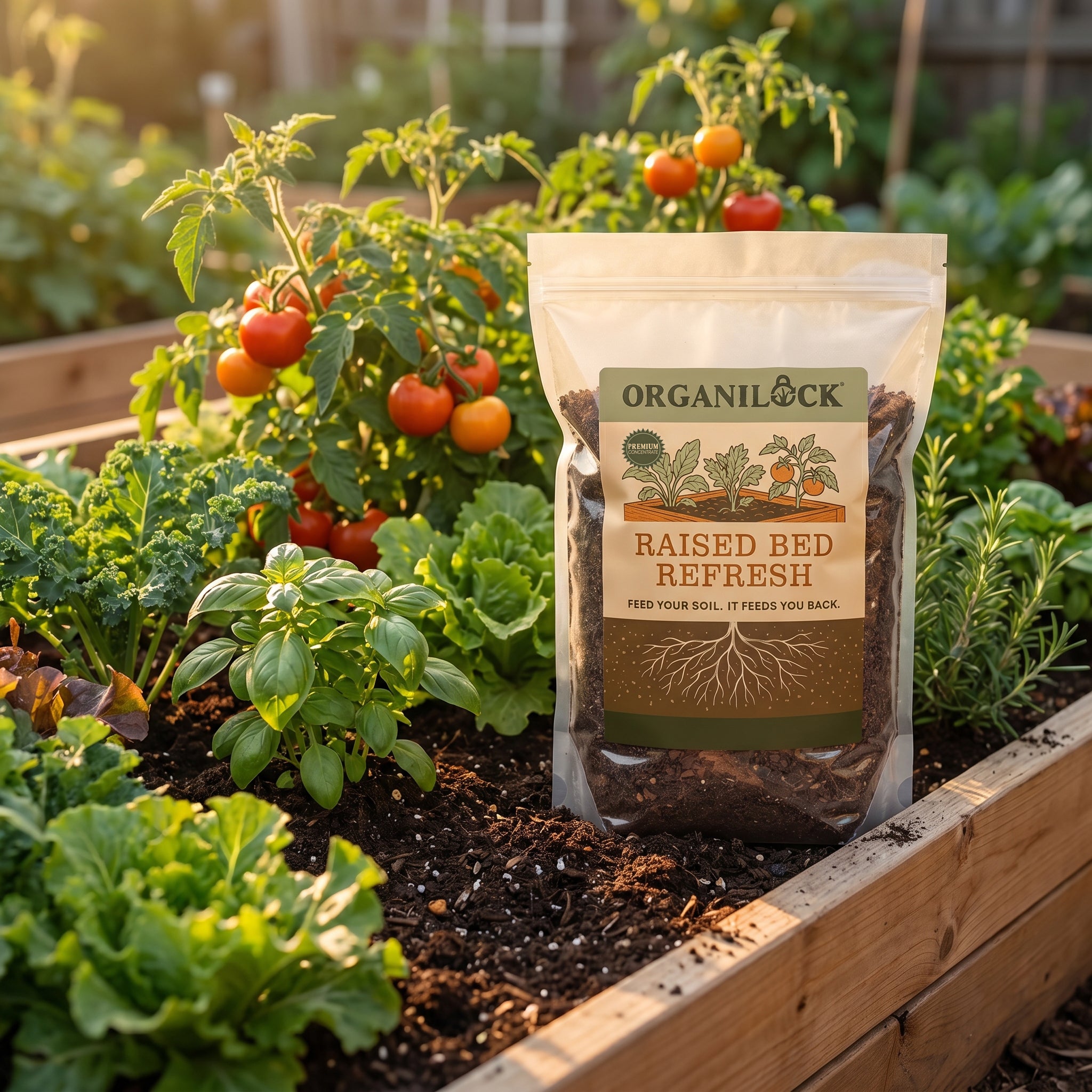 OrganiLock Raised Bed Refresh standing in a raised garden bed full of tomatoes, lettuce, and herbs