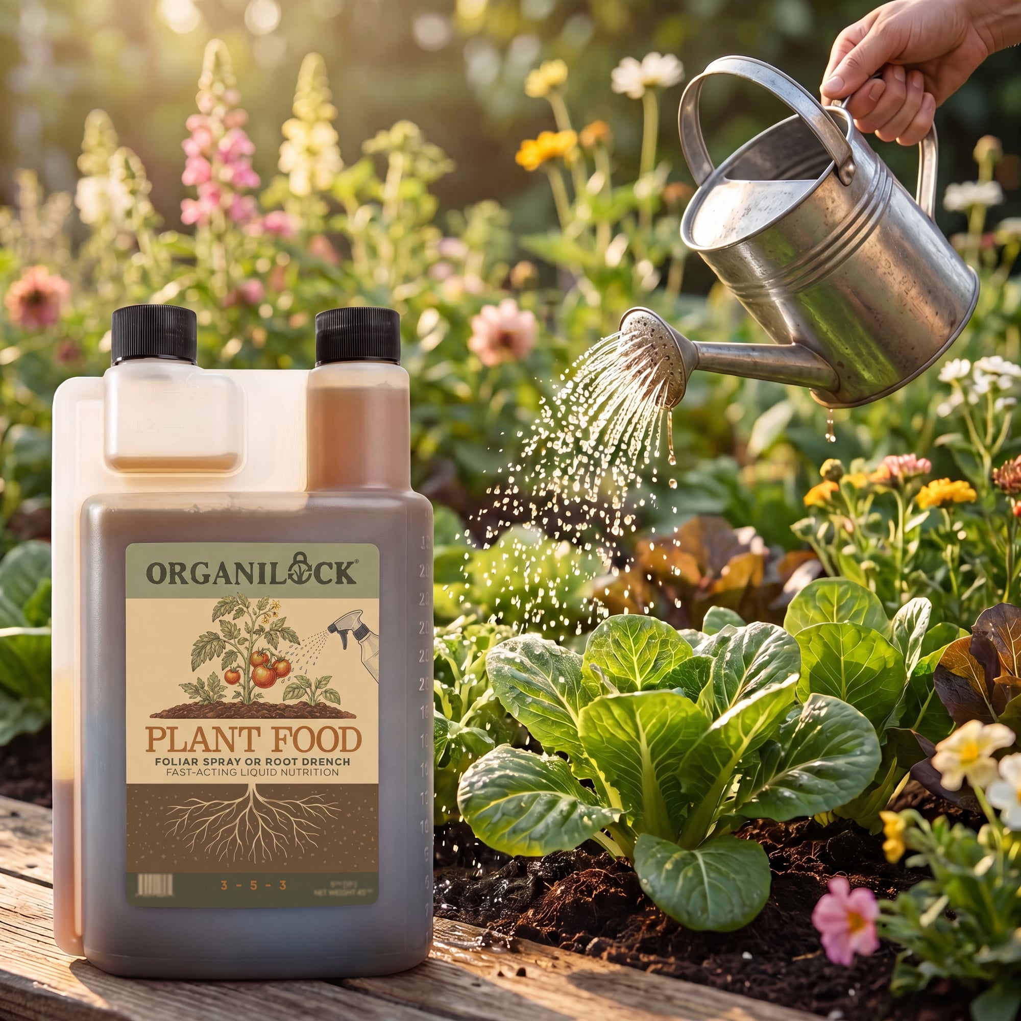 OrganiLock Plant Food bottle with a watering can in a vegetable garden
