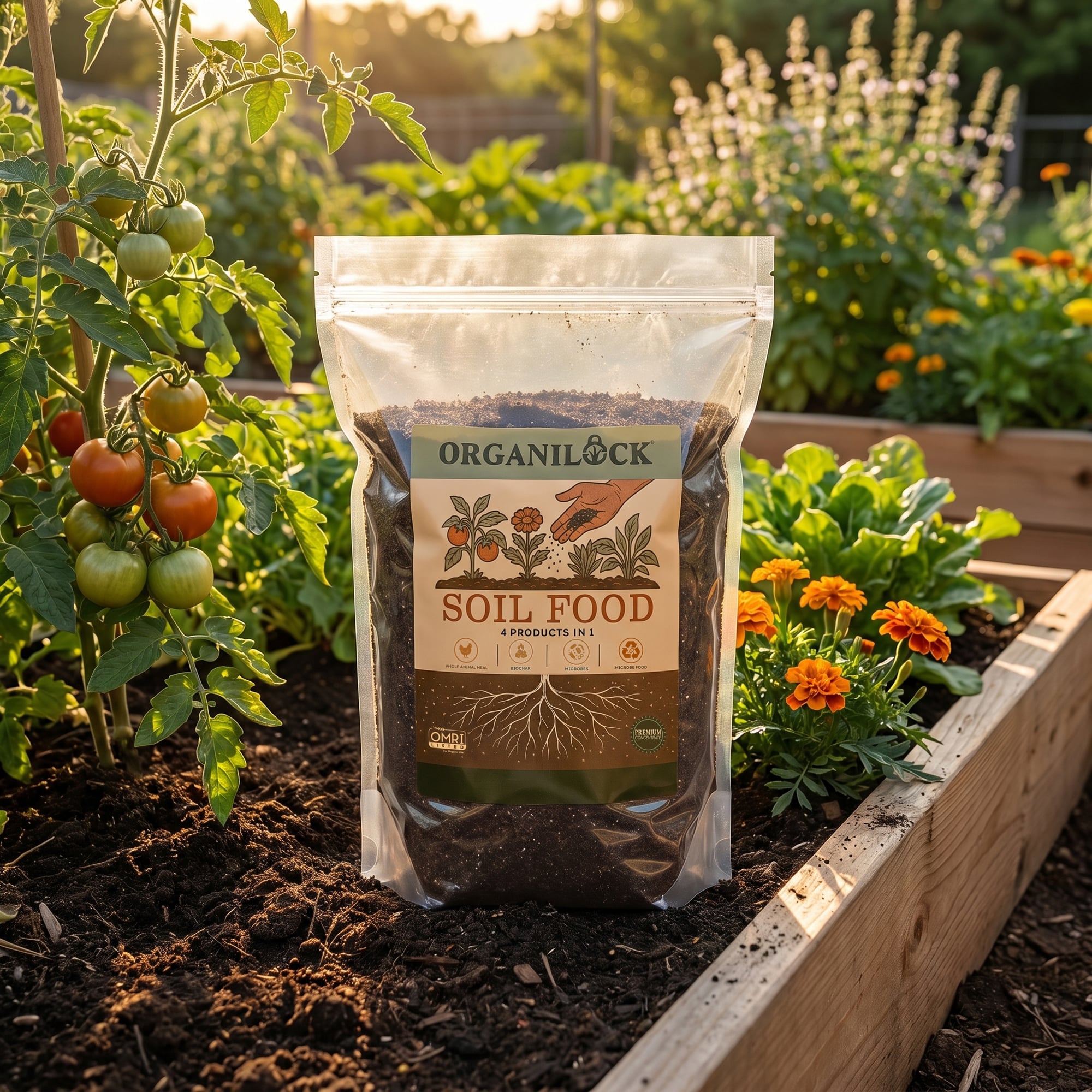 OrganiLock Soil Food bag in a raised bed vegetable garden