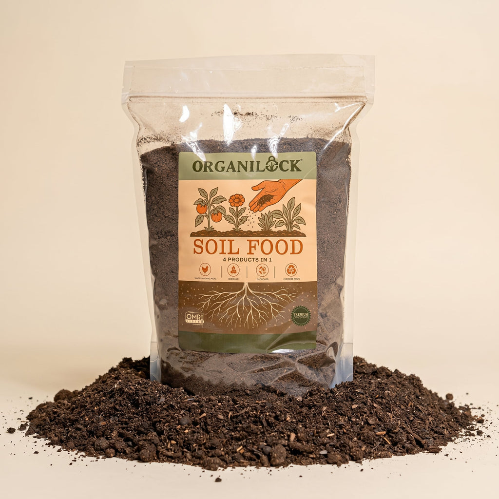 OrganiLock Soil Food bag with a spill of living soil